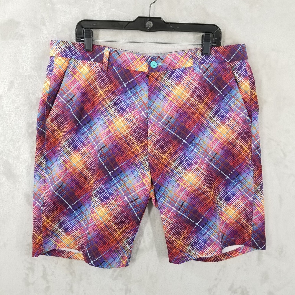 Hreski Shorts Men 38 Colorful Plaid Golf Performance Chino Stretch 10" Inseam